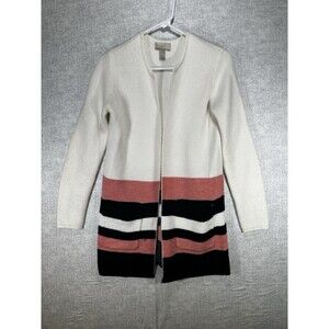 Ann Taylor Loft Cream Pink Navy Open Front Long Sleeve Cardigan Sweater Sz Small